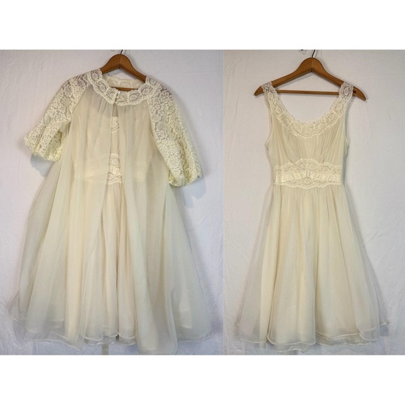 Vintage Sz 32 Bridal Robe Vanity Fair Ivory Sheer Chiffon Nightgown Peignoir S - Picture 2 of 9